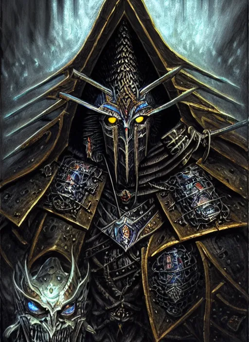 Image similar to portrait of a nagash atop his black pyramid, intricate, warhammer, warhammer 4 0 k, highly detailed, digital painting, concept art, sharp focus, illustration, muted colors, grim dark, moody, gloomy, art by john blanche, by pedro nunez, by jaime martinez, by nacho molina