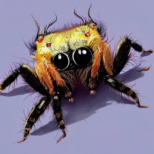 Prompt: a very cute jumping spider highly detailed, digital painting, artstation, concept art, illustration, art by Greg Rutkowski and alphonse mucha