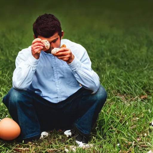 Prompt: a man eating the last egg while looking sad, realistic photo,