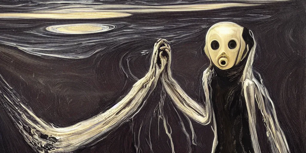 Image similar to realistic robot in The Scream painting inspired by Spaghettification, Mazarineee, artstation