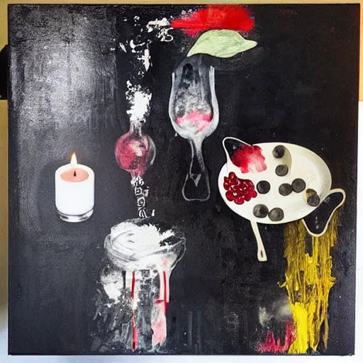 Prompt: “ a portrait in a black apartment, sensual, a pig theme, art supplies, paint tubes, ikebana, herbs, a candle dripping white wax, squashed berries, berry juice drips, acrylic and spray paint and oilstick on canvas, surrealism, neoexpressionism ”