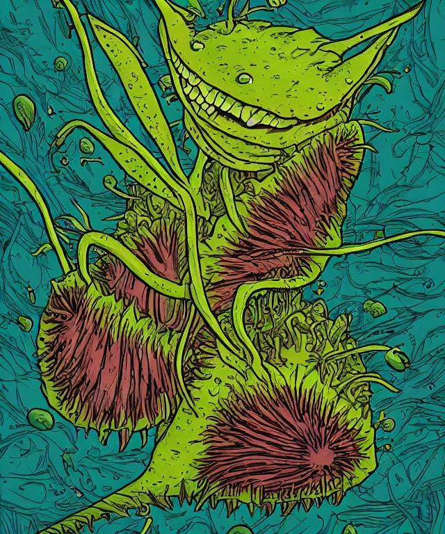 Prompt: Venus fly trap monster in the style of dan mumford, chris mars, surrealism