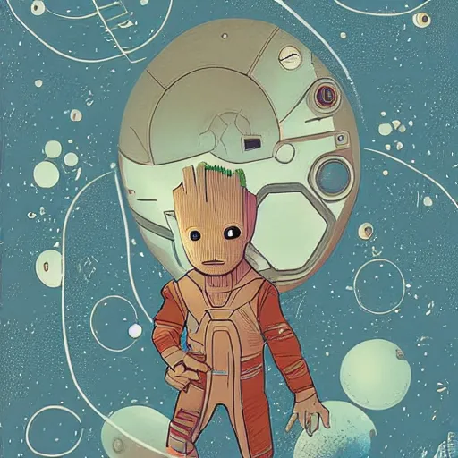 Prompt: baby groot lies flat in bed the space ship, by victo ngai