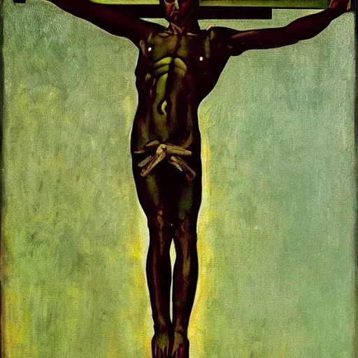 Image similar to a futuristic crucifixion of a green alien messie, great sadness, painting, style of caravaggio