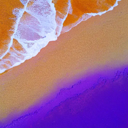 Prompt: Arial shot of a beach with orange sand and a sea of purple, acrylic painting