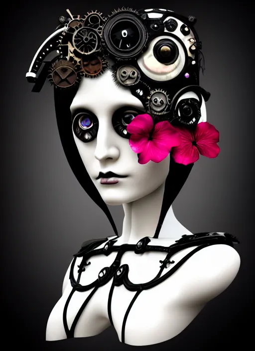 Prompt: 1 9 3 0 black and white gothic masterpiece profile face portrait, one steampunk eye biomechanical beautiful young female cyborg - vampire, body meshes, big monocular, volumetric light, hibiscus flowers, by hg giger, rim light, big gothic fashion pearl embroidered collar, 8 k