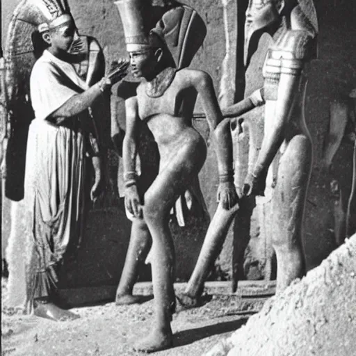 Prompt: a rare candid scene taken of young queen nefertiti and tutankhamun at the construction of the khufu pyramid talking to workers from the award winning ron howard film before they were pharohes, dslr