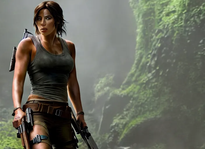 Image similar to film still of!!!! chloe bennett!!! as lara croft in new tomb raider movie, 8 k