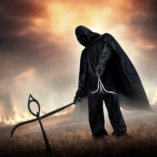 Image similar to a black hooded faceless monster in hells graveyard, holding a scythe, reaper, amazing fire art, ray tracing, realistic fire sharp focus, long shot, 8 k resolution, cinematic