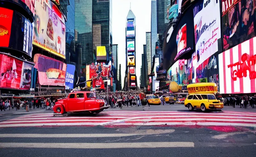 Image similar to a photo of a giant hamburger in the middle of the street in times square,