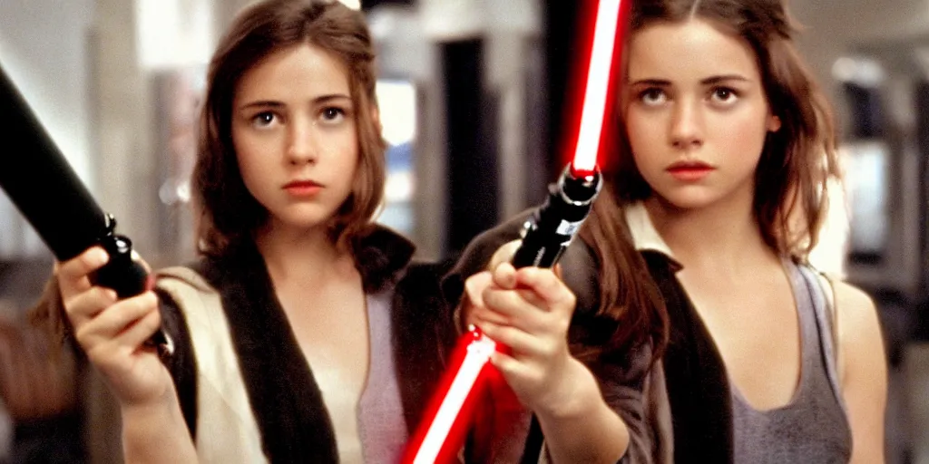 Image similar to a full color still of a young adult brunette girl holding a lightsaber hilt, cinematic lighting, 1999, directed by Steven Spielberg, 35mm