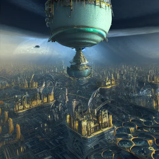 Prompt: enormous flying city in a faberge egg, sky, steampunk, fantasy art, masterpiece, hugh ferriss, octane render, peder balke