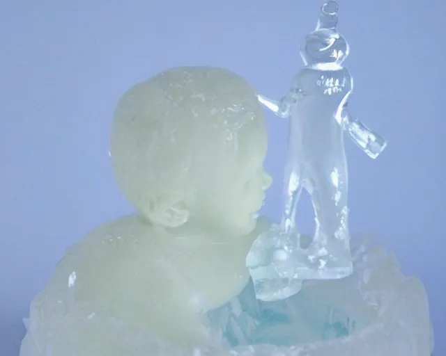 Prompt: ice sculpture. there is a little blonde boy trapped in the figurine made of ice. antartica