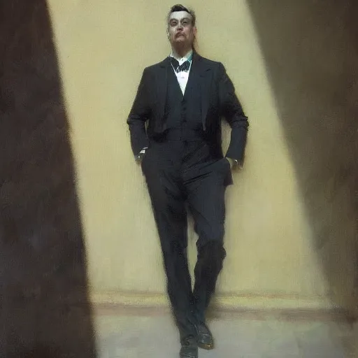 Prompt: detailed portrait of man in black suit, spring light, painting by gaston bussiere, craig mullins, j. c. leyendecker