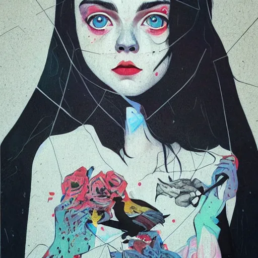 Prompt: Elle Fanning surrounded by black crows picture by Sachin Teng, asymmetrical, dark vibes, Realistic Painting , Organic painting, Matte Painting, geometric shapes, hard edges, graffiti, street art:2 by Sachin Teng:4