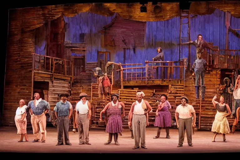 Prompt: photo of a huge theaterstage, play is porky and bess, 3 actors on stage, 8 k, multicolored, exaggerated detailed, long shot