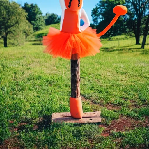 Image similar to a carrot in a tutu dancing the macarena on a wooden fence pole with pasture in the background