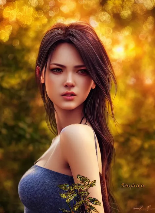 Image similar to photo of a gorgeous female in the style of stefan kostic, realistic, half body shot, sharp focus, 8 k high definition, insanely detailed, intricate, elegant, art by stanley lau and artgerm, extreme bokeh foliage, separation from background, frequency separation