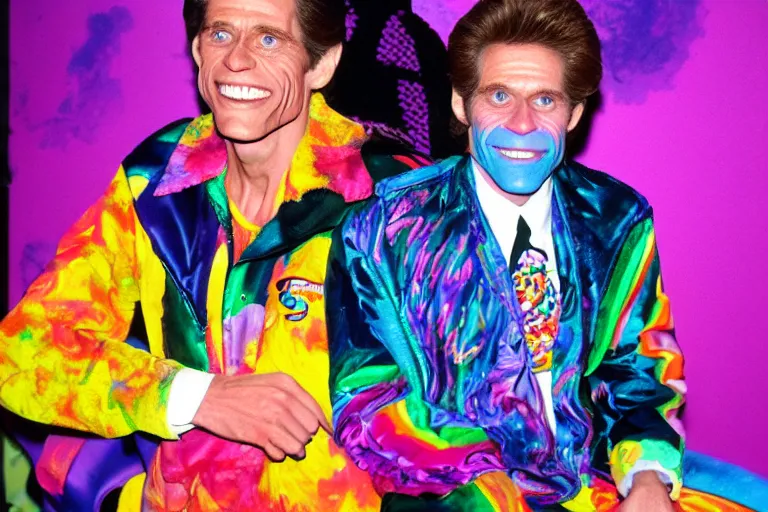 Image similar to lisa frank painting of willem dafoe at showbiz pizza 1 9 8 9