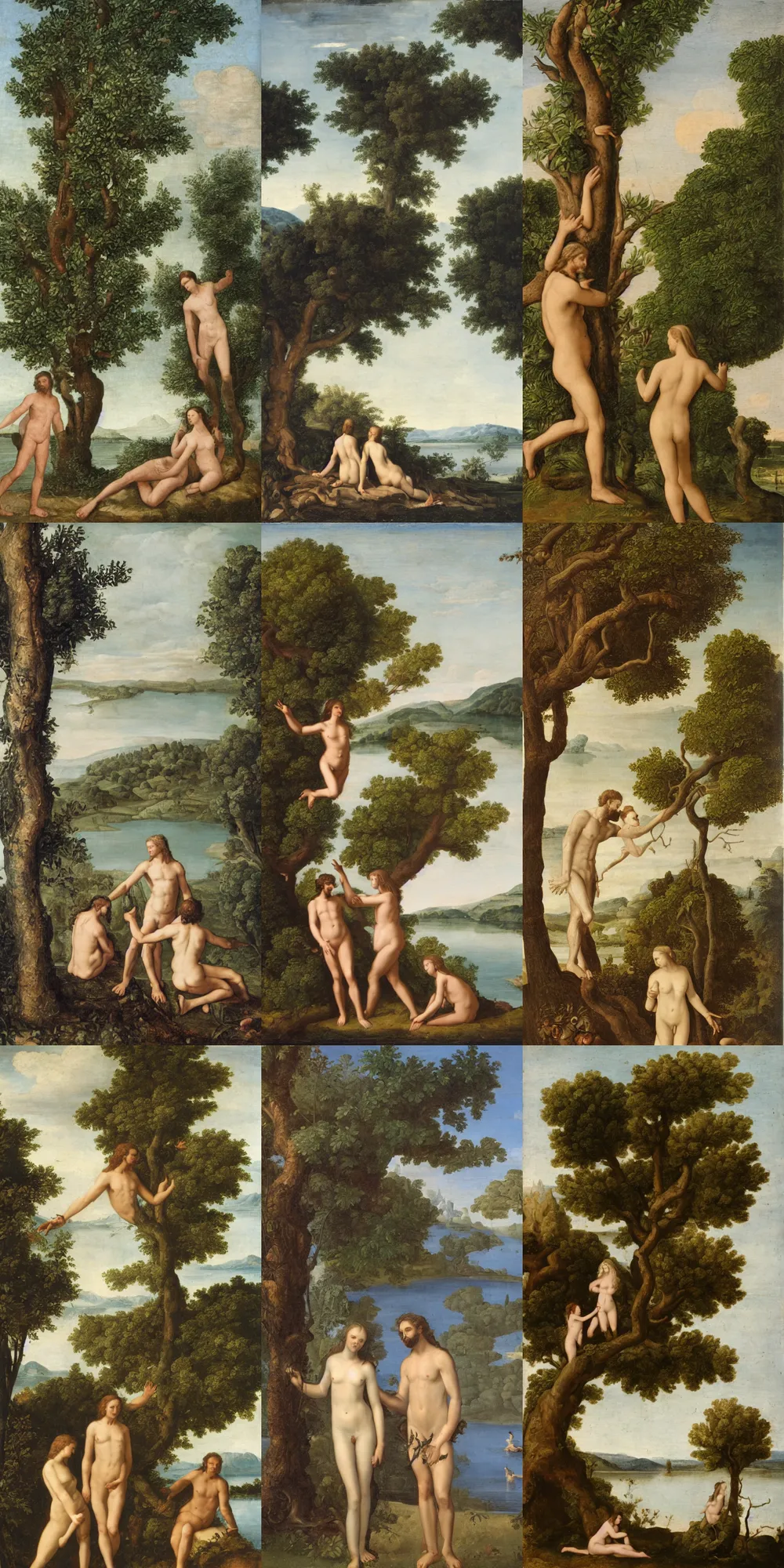 Prompt: adam and eve next to a tree and a lake,