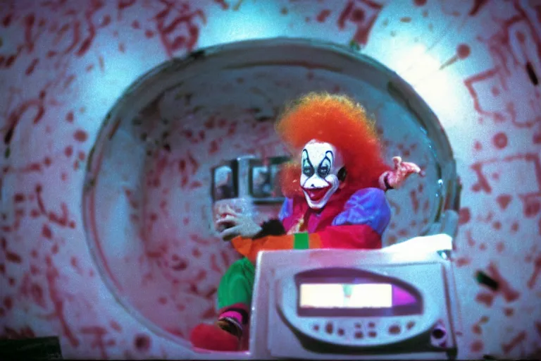 Prompt: cute clown in clowncore funhouse, fractal, in 1 9 9 2, y 2 k cutecore clowncore, low - light photography, bathed in the glow of a crt monitor, still from a ridley scott movie