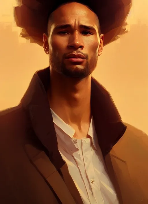 Image similar to terrence boyd portrait, golden hour, elegant, highly detailed, digital painting, artstation, concept art, smooth, sharp focus, illustration, art by artgerm and greg rutkowski and alphonse mucha