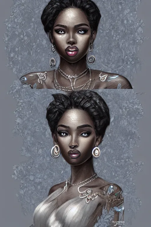 Image similar to A bust of a beautiful black skinned girl with large lips and smooth eyebrows and straight hair, HD, illustration, epic, fantasy, intricate, elegant, amazing detail, digital painting, artstation, concept art, smooth, sharp focus, illustration, art by Turine Tran