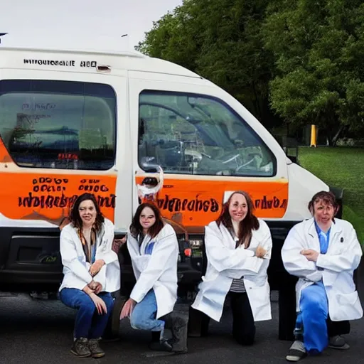 Prompt: “ a press photo of a group of scientists showing off their new vehicle designed to run on meat ”