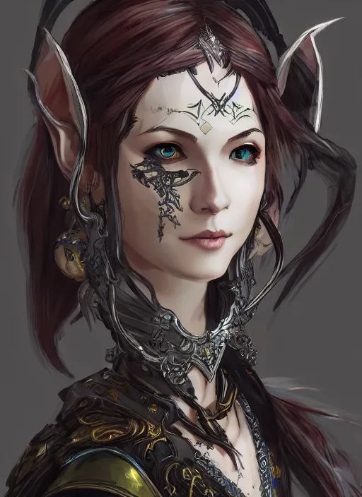 Image similar to Half body portrait of a smiling young beautiful elven female in ornate rogue attire. In style of Yoji Shinkawa and Hyung-tae Kim, trending on ArtStation, dark fantasy, great composition, concept art, highly detailed, dynamic pose.