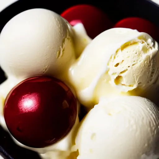 Image similar to closeup of a bowl with three balls of plain vanilla ice cream. Simplistic. Food photography.