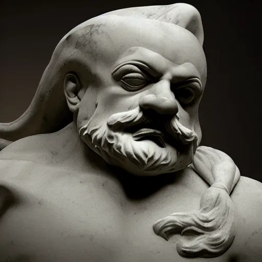 Image similar to epic greek marble statue of dr robotnik, photo, chiaroscuro