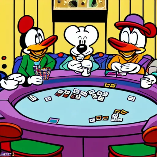 Image similar to ducks are playing poker, poker table is in outer space, walt disney comics style