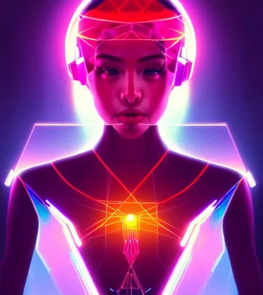 Image similar to symmetry!! latin princess of technology, solid cube of light, hard edges, product render retro - futuristic poster scifi, lasers and neon circuits, beautiful woman latin princess, intricate, elegant, highly detailed, digital painting, artstation, concept art, smooth, sharp focus, illustration, dreamlike, art by artgerm