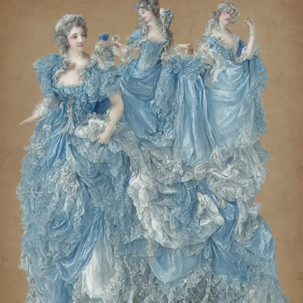 Image similar to blue dress design in the style of rococo ，Victorian era，jellyfish element，dreamy, soft ,Backlight ,luminescence，in the style of Aetherpunk,highly detailed,8k