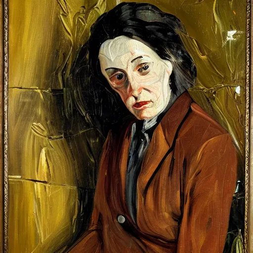 Image similar to woman on a victorian style bad old deteriorating walls in the background in the style of lucian freud, painting, dark, brush strokes