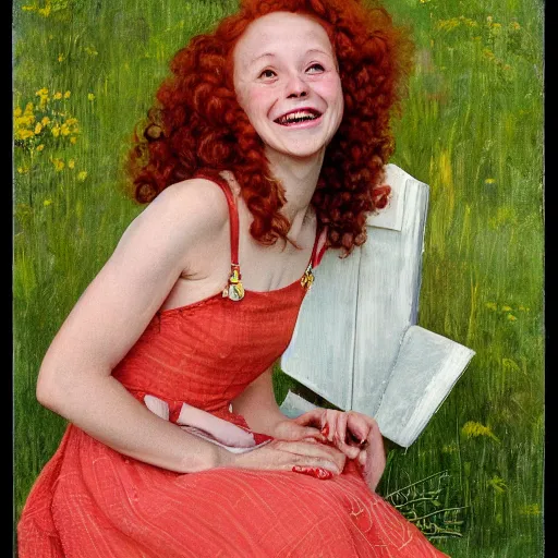Image similar to Sophia Lillis with long, curly red hair, she is laughing, she is wearing a yellow dress, portrait by Norman Rockwell,