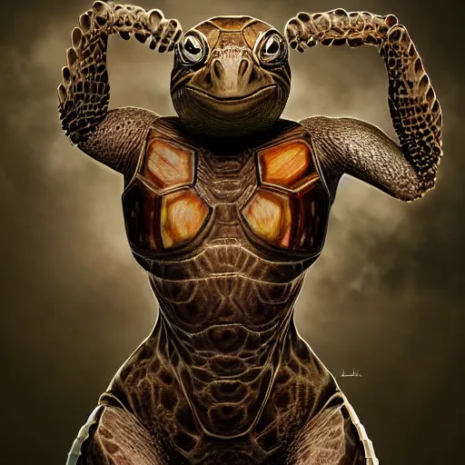 Prompt: portrait of biomechanical turtle standing on two feet looking forward, sharp focus, highly detailed, artgerm, cgsociety