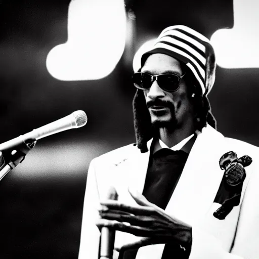 Image similar to vintage photograph of Snoop Dogg speaking at the Million Man March, Sigma 40mm, portrait, black and white