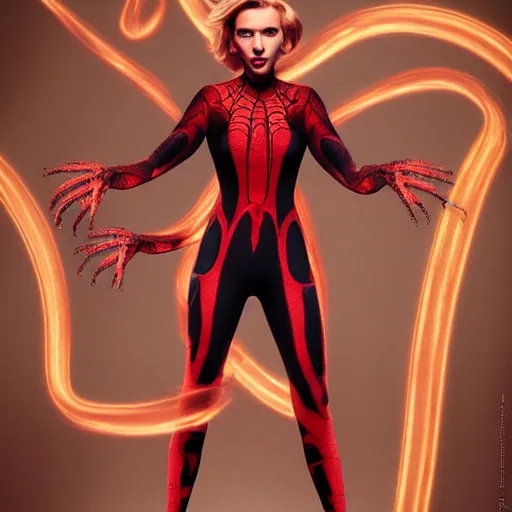 Image similar to fashion photo blonde scarlett johansson with six arms as a spider villian in cleveland, character concept, character full body portrait