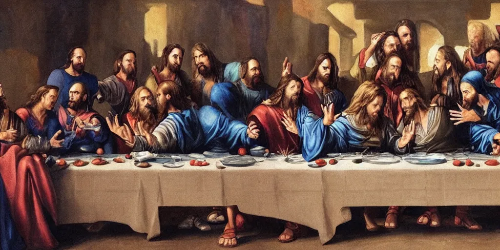 Prompt: the last supper painting, but with Marvel's Avengers