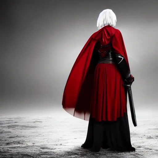 Prompt: beautiful female warrior with red cape , white hair, white eyes, full body visible, cinematic, trending on devianart