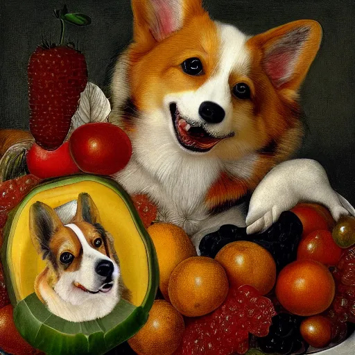 Prompt: portrait of a corgi dog made with fruits, by giuseppe arcimboldo, highly detailed, airbrush, 4 k