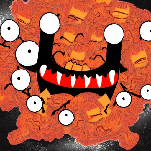 Prompt: an ominous terrifying being made of kimchi and hatred with sharp teeth and flaming eyes