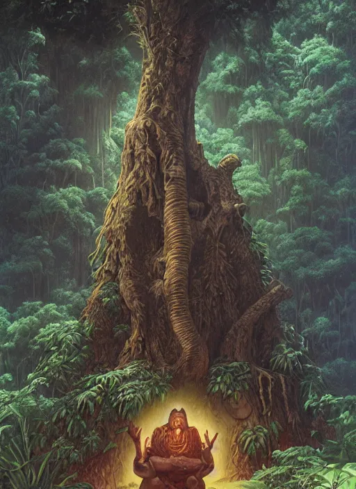 Image similar to a shaman sitting in the jungle, a tree behind him with a giant face of an old man in the trunk, hyper detailed, high contrast, art by christophe vacher