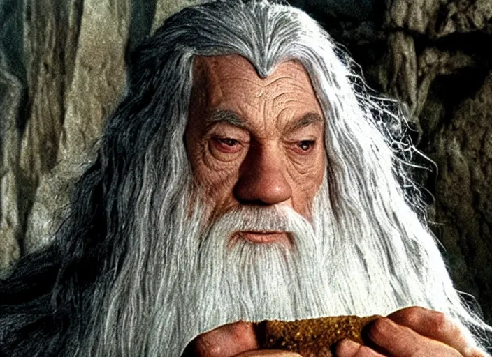 Prompt: a scene from Lord of the Rings with Gandalf as a loaf of bread