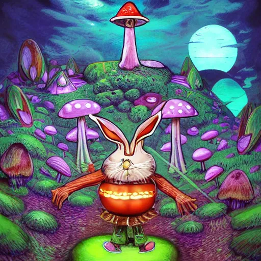 Image similar to 4 k headshot portrait of a psychedelic demonic anthropomorphic bunny rabbit with mushroom themed clothes, magic mushroom village in background by jeff easley, award winning, stylized neon, post - processing, masterpiece, superb resolution. in the art style of junji ito and greg rutkowski. detailed mushroom city in background. hyper realistic anime. perfect art. dalle 2