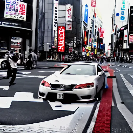 Image similar to A Jdm car drifting in shibuya streets, Hd, PhotoReal, Japanese, Moving