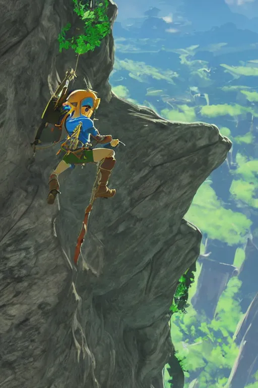 Prompt: in game footage of link from the legend of zelda breath of the wild climbing using magnesis, breath of the wild art style.