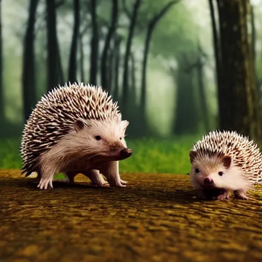 Prompt: 3d render of two hedgehogs in a forest, romantic