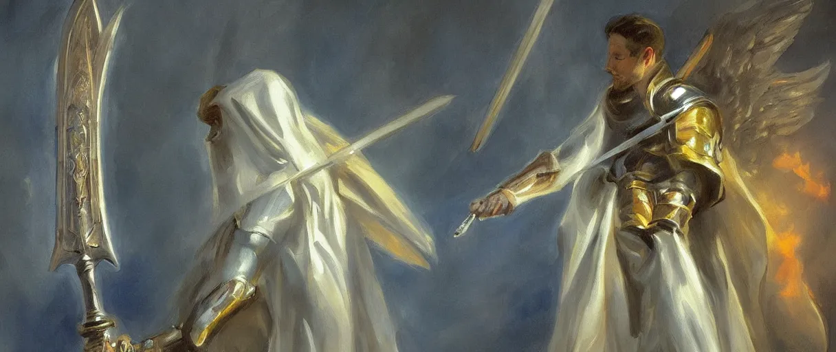 Image similar to a knight in a hall with an angel wing holding a sword of fire, digital oil painting, style of John singer Sargent, heroic, cinematic, indoor, warm lighting, godrays,